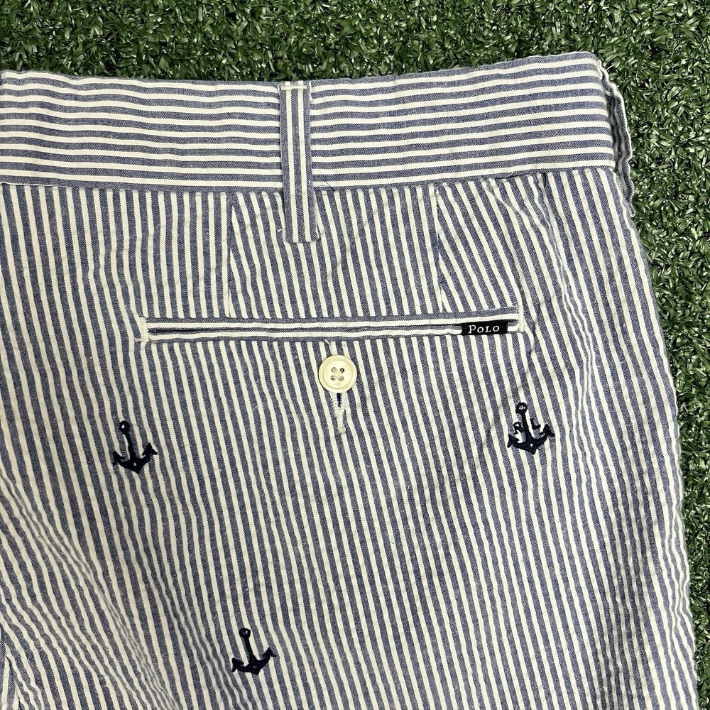 Polo Ralph Lauren Stretch Seersucker Shorts Blue Striped Men's 32 Anchor Print